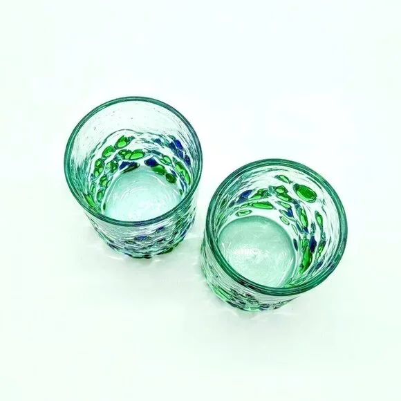 Handblown Blue Green Fused Glass Tumblers (2) - Picture 3 of 4